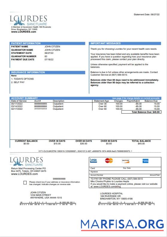 Printable USA Lourdes utility bill template in Word and PDF format